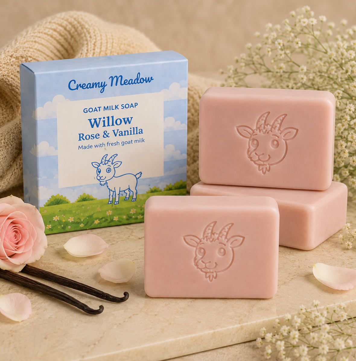 Rose Vanilla Goat Milk Soap | Soft, Silky Skin | Creamy Meadow